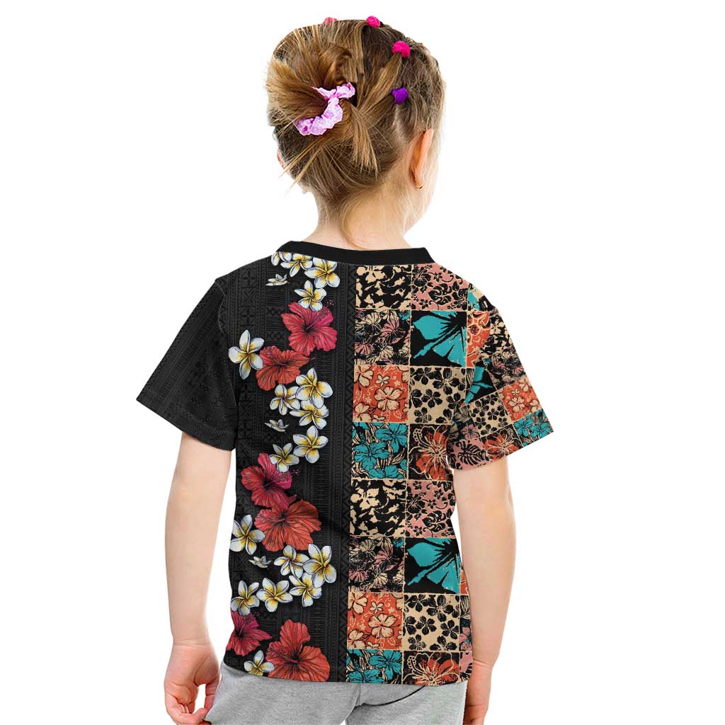 Hawaiian Hibiscus and Tropical Leaves Kid T Shirt Patchwork Grunge Abstract Vintage Style LT03 - Polynesian Pride