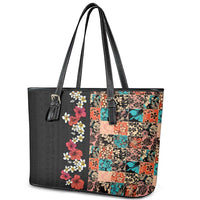 Hawaiian Hibiscus and Tropical Leaves Leather Tote Bag Patchwork Grunge Abstract Vintage Style