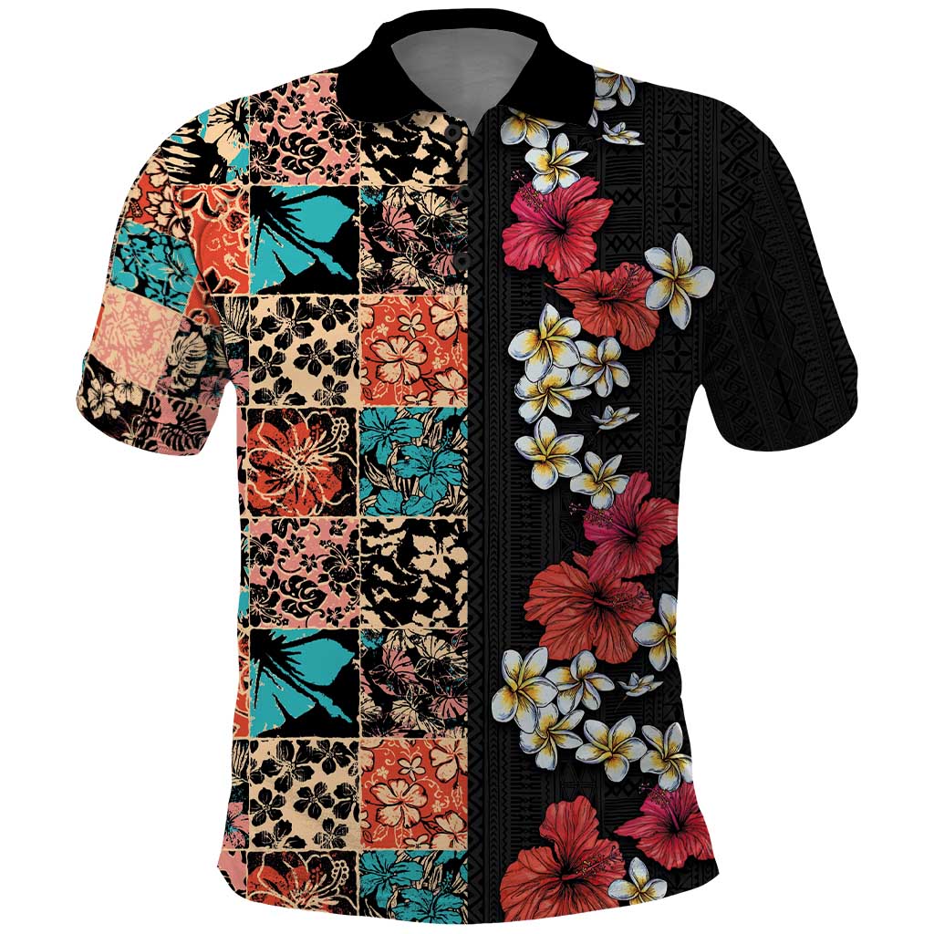 Hawaiian Hibiscus and Tropical Leaves Polo Shirt Patchwork Grunge Abstract Vintage Style LT03 Black - Polynesian Pride