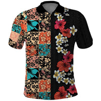 Hawaiian Hibiscus and Tropical Leaves Polo Shirt Patchwork Grunge Abstract Vintage Style LT03 Black - Polynesian Pride