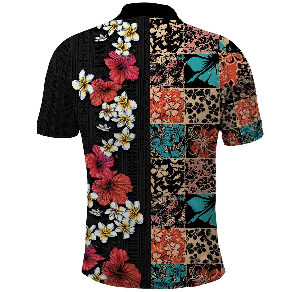 Hawaiian Hibiscus and Tropical Leaves Polo Shirt Patchwork Grunge Abstract Vintage Style LT03 - Polynesian Pride