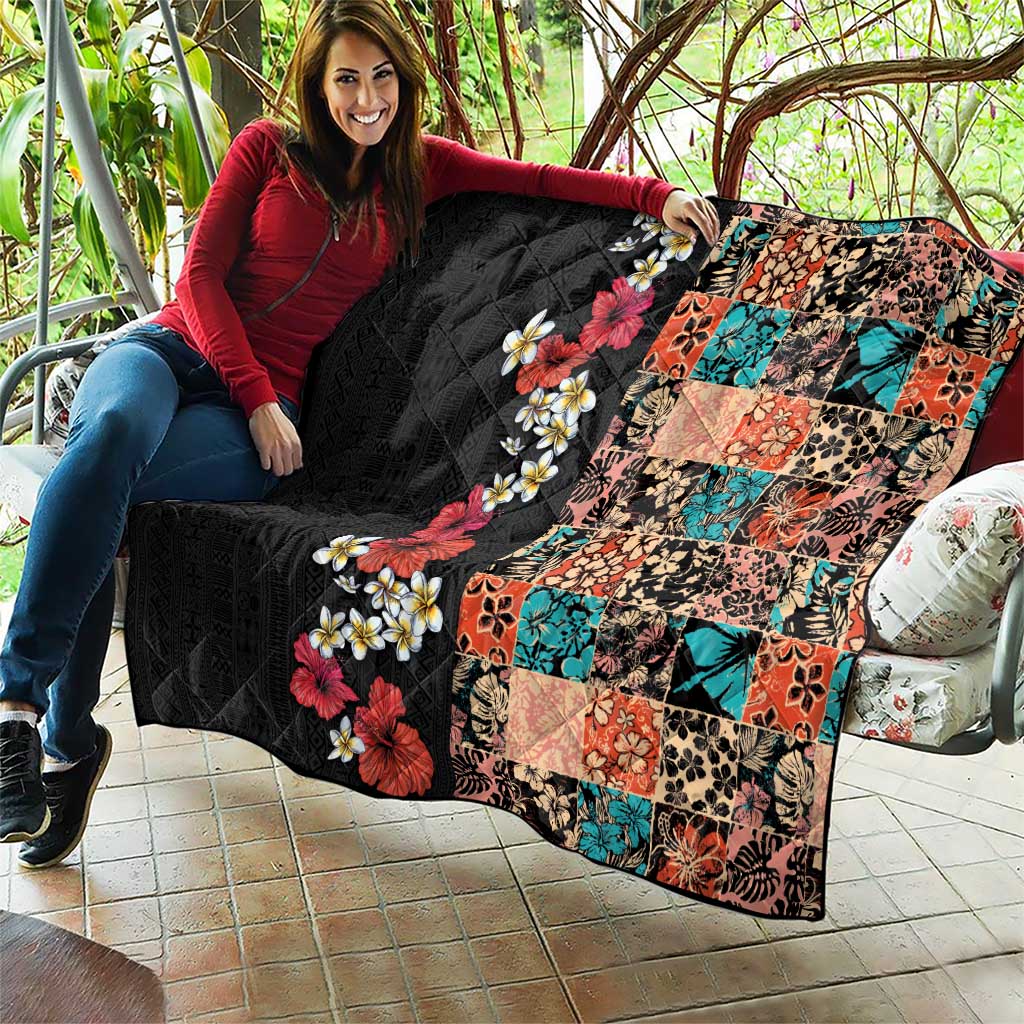 Hawaiian Hibiscus and Tropical Leaves Quilt Patchwork Grunge Abstract Vintage Style