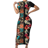 Hawaiian Hibiscus and Tropical Leaves Short Sleeve Bodycon Dress Patchwork Grunge Abstract Vintage Style LT03 Long Dress Black - Polynesian Pride