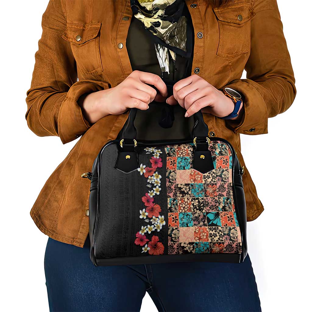 Hawaiian Hibiscus and Tropical Leaves Shoulder Handbag Patchwork Grunge Abstract Vintage Style