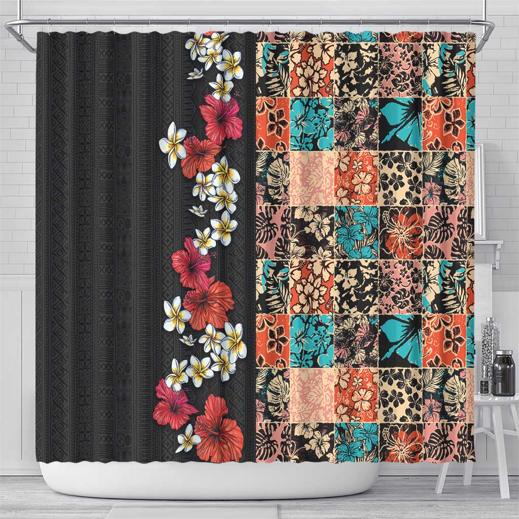 Hawaiian Hibiscus and Tropical Leaves Shower Curtain Patchwork Grunge Abstract Vintage Style LT03 - Polynesian Pride