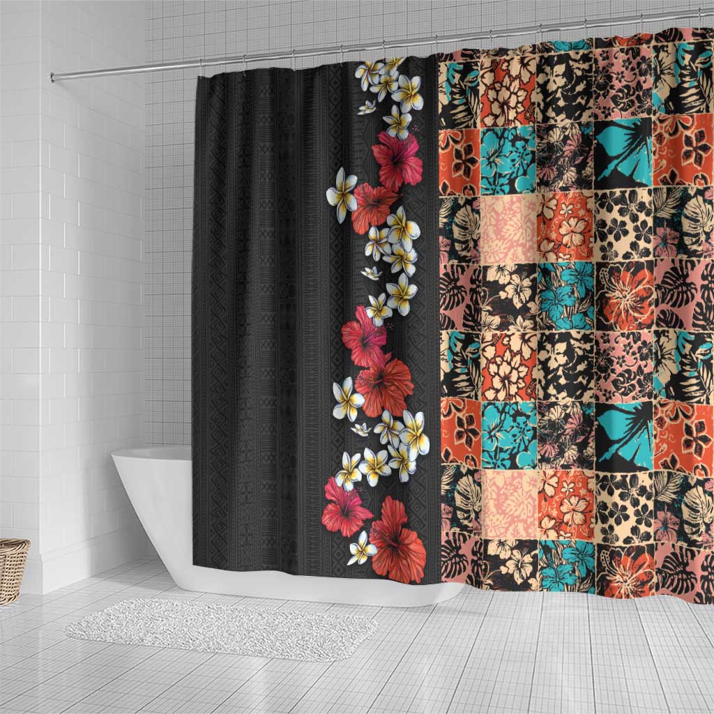 Hawaiian Hibiscus and Tropical Leaves Shower Curtain Patchwork Grunge Abstract Vintage Style LT03 - Polynesian Pride