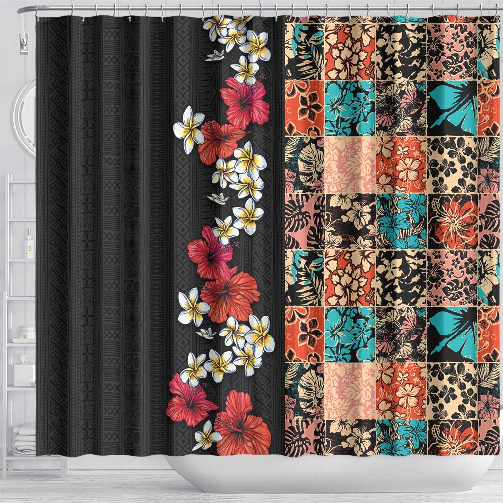 Hawaiian Hibiscus and Tropical Leaves Shower Curtain Patchwork Grunge Abstract Vintage Style LT03 - Polynesian Pride