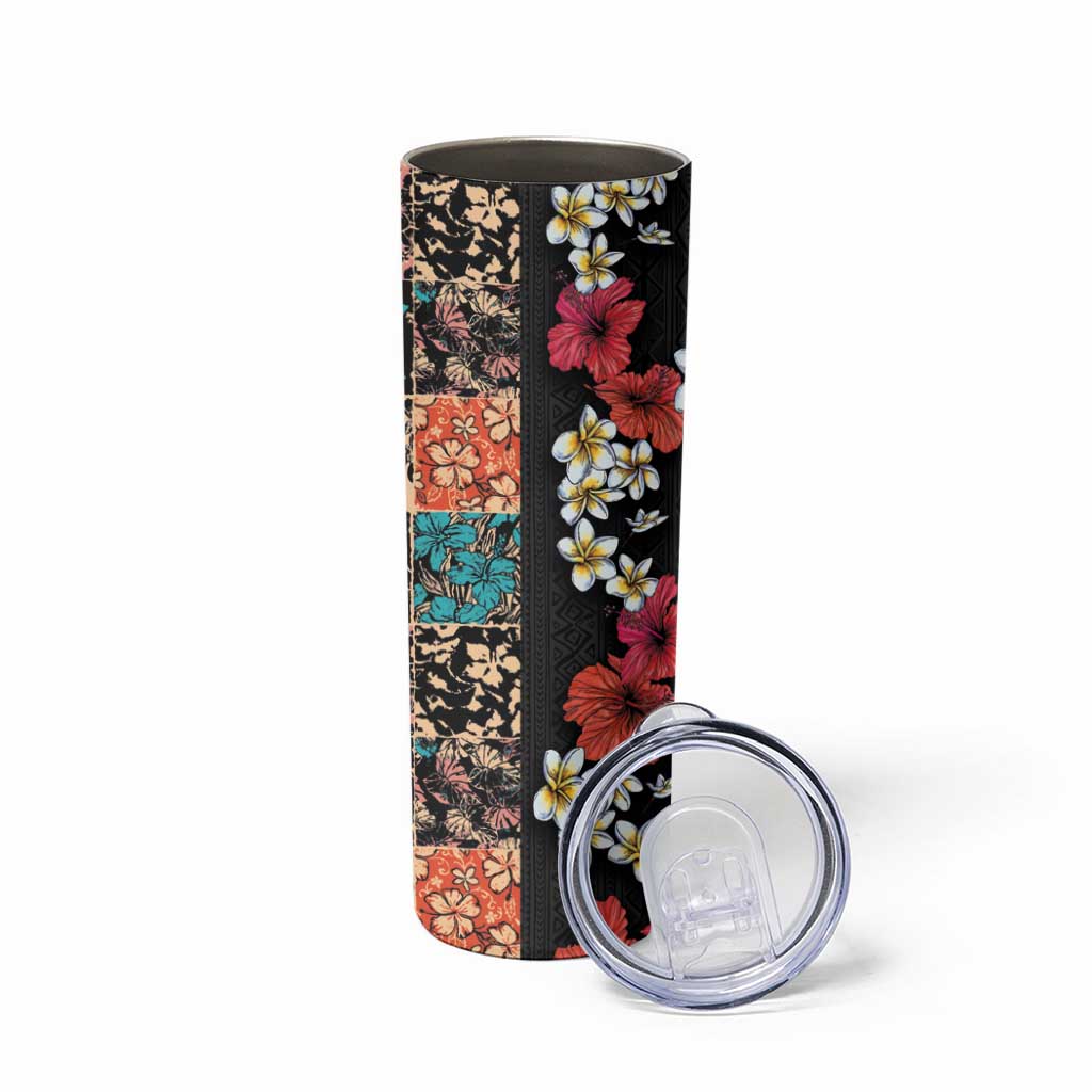 Hawaiian Hibiscus and Tropical Leaves Skinny Tumbler Patchwork Grunge Abstract Vintage Style