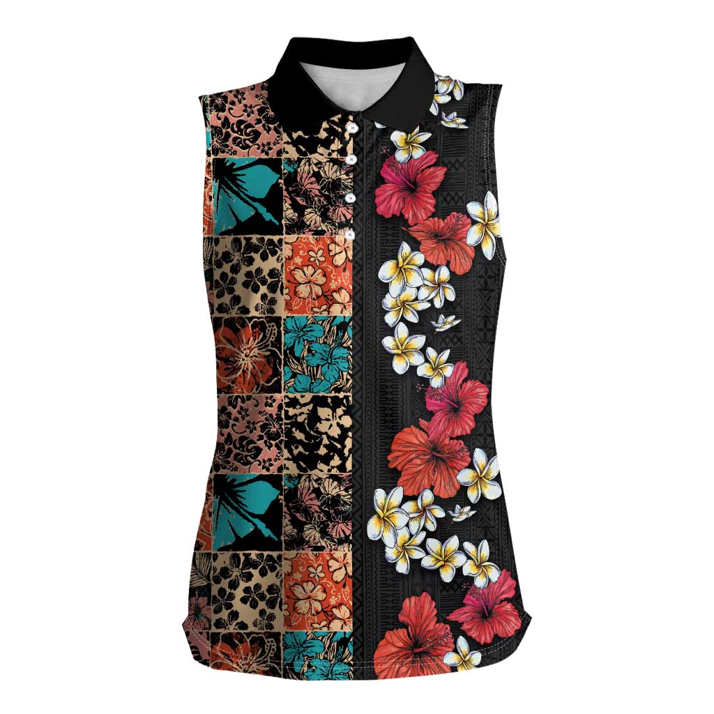 Hawaiian Hibiscus and Tropical Leaves Women Sleeveless Polo Shirt Patchwork Grunge Abstract Vintage Style LT03 Female Black - Polynesian Pride