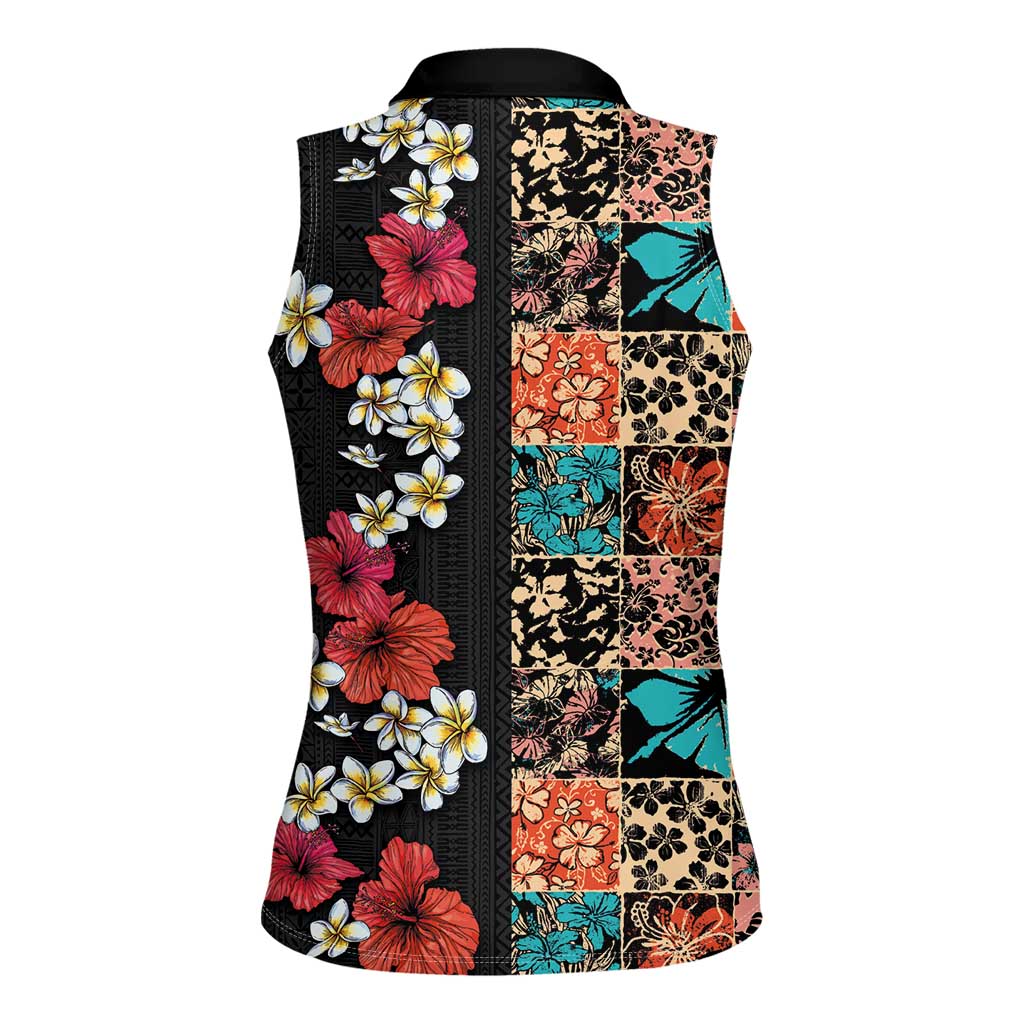 Hawaiian Hibiscus and Tropical Leaves Women Sleeveless Polo Shirt Patchwork Grunge Abstract Vintage Style LT03 - Polynesian Pride