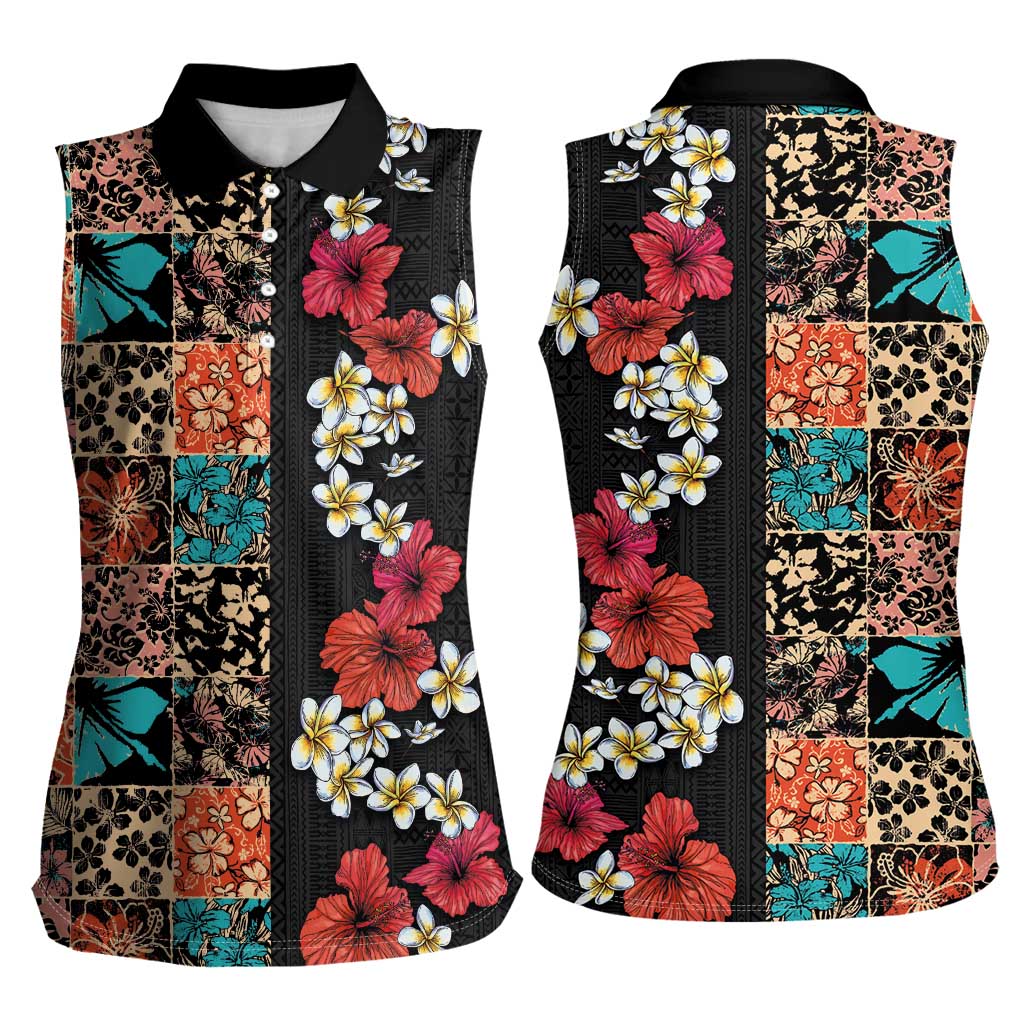 Hawaiian Hibiscus and Tropical Leaves Women Sleeveless Polo Shirt Patchwork Grunge Abstract Vintage Style LT03 - Polynesian Pride