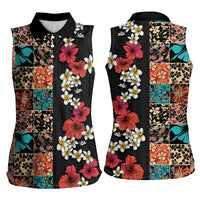 Hawaiian Hibiscus and Tropical Leaves Women Sleeveless Polo Shirt Patchwork Grunge Abstract Vintage Style LT03 - Polynesian Pride