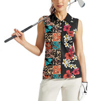 Hawaiian Hibiscus and Tropical Leaves Women Sleeveless Polo Shirt Patchwork Grunge Abstract Vintage Style LT03 - Polynesian Pride