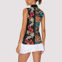 Hawaiian Hibiscus and Tropical Leaves Women Sleeveless Polo Shirt Patchwork Grunge Abstract Vintage Style LT03 - Polynesian Pride