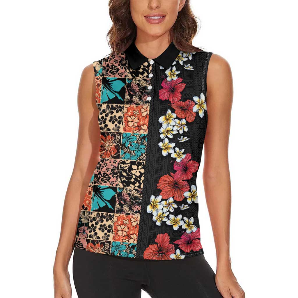 Hawaiian Hibiscus and Tropical Leaves Women Sleeveless Polo Shirt Patchwork Grunge Abstract Vintage Style LT03 - Polynesian Pride