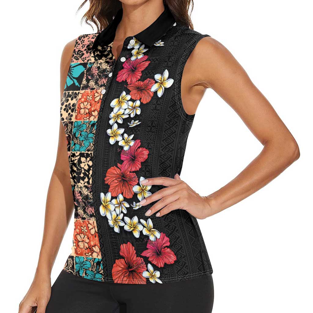 Hawaiian Hibiscus and Tropical Leaves Women Sleeveless Polo Shirt Patchwork Grunge Abstract Vintage Style LT03 - Polynesian Pride