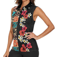 Hawaiian Hibiscus and Tropical Leaves Women Sleeveless Polo Shirt Patchwork Grunge Abstract Vintage Style LT03 - Polynesian Pride