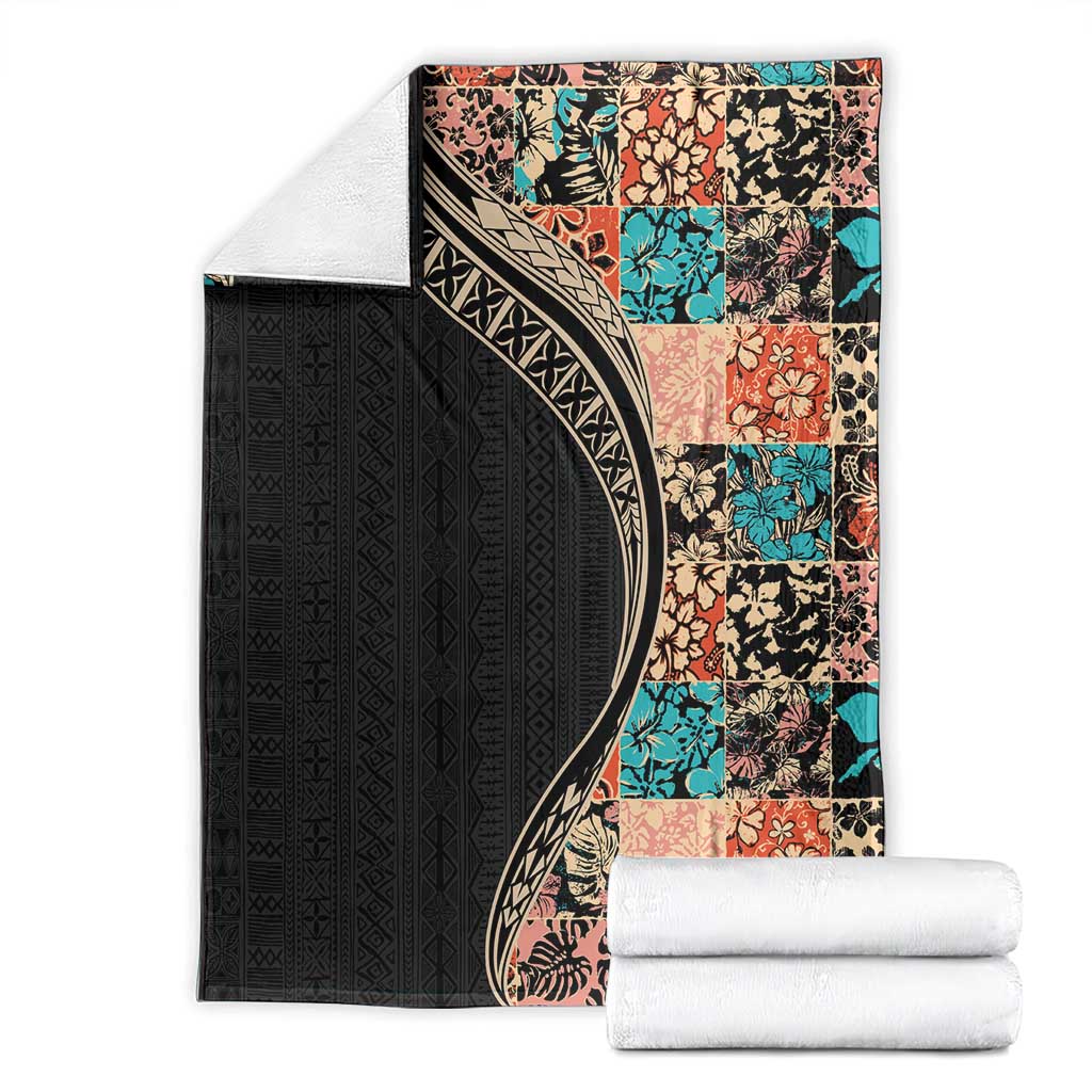 Hawaiian Hibiscus and Tropical Leaves Blanket Patchwork Grunge Abstract and Tapa Tribal Pattern Half Style