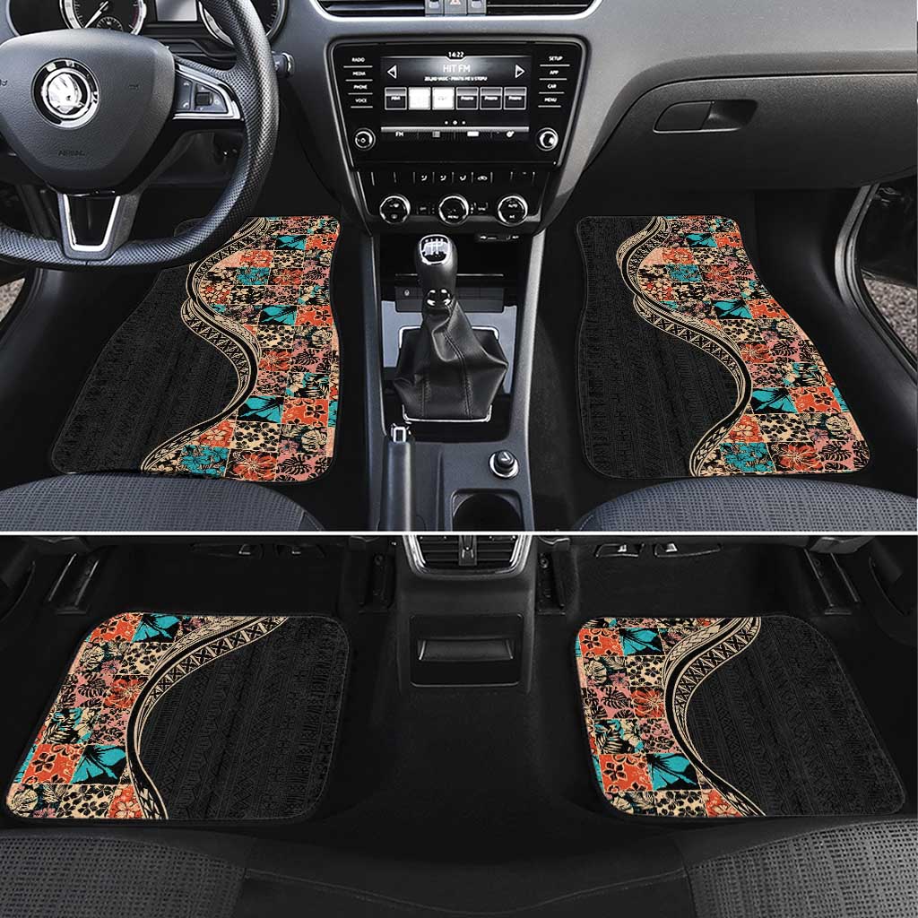 Hawaiian Hibiscus and Tropical Leaves Car Mats Patchwork Grunge Abstract and Tapa Tribal Pattern Half Style LT03 Set 4pcs Black - Polynesian Pride