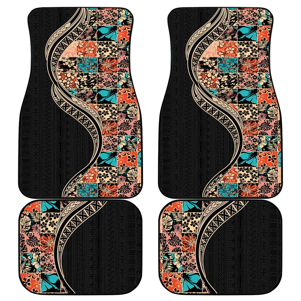 Hawaiian Hibiscus and Tropical Leaves Car Mats Patchwork Grunge Abstract and Tapa Tribal Pattern Half Style LT03 - Polynesian Pride