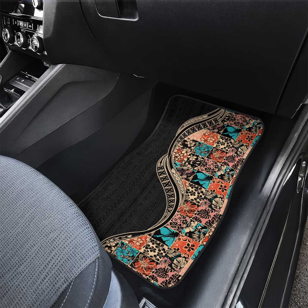 Hawaiian Hibiscus and Tropical Leaves Car Mats Patchwork Grunge Abstract and Tapa Tribal Pattern Half Style LT03 - Polynesian Pride