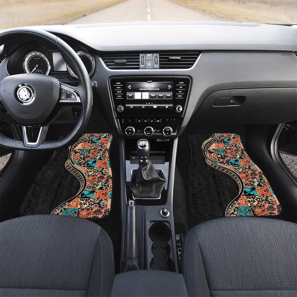 Hawaiian Hibiscus and Tropical Leaves Car Mats Patchwork Grunge Abstract and Tapa Tribal Pattern Half Style LT03 Set 2pcs - Front Black - Polynesian Pride