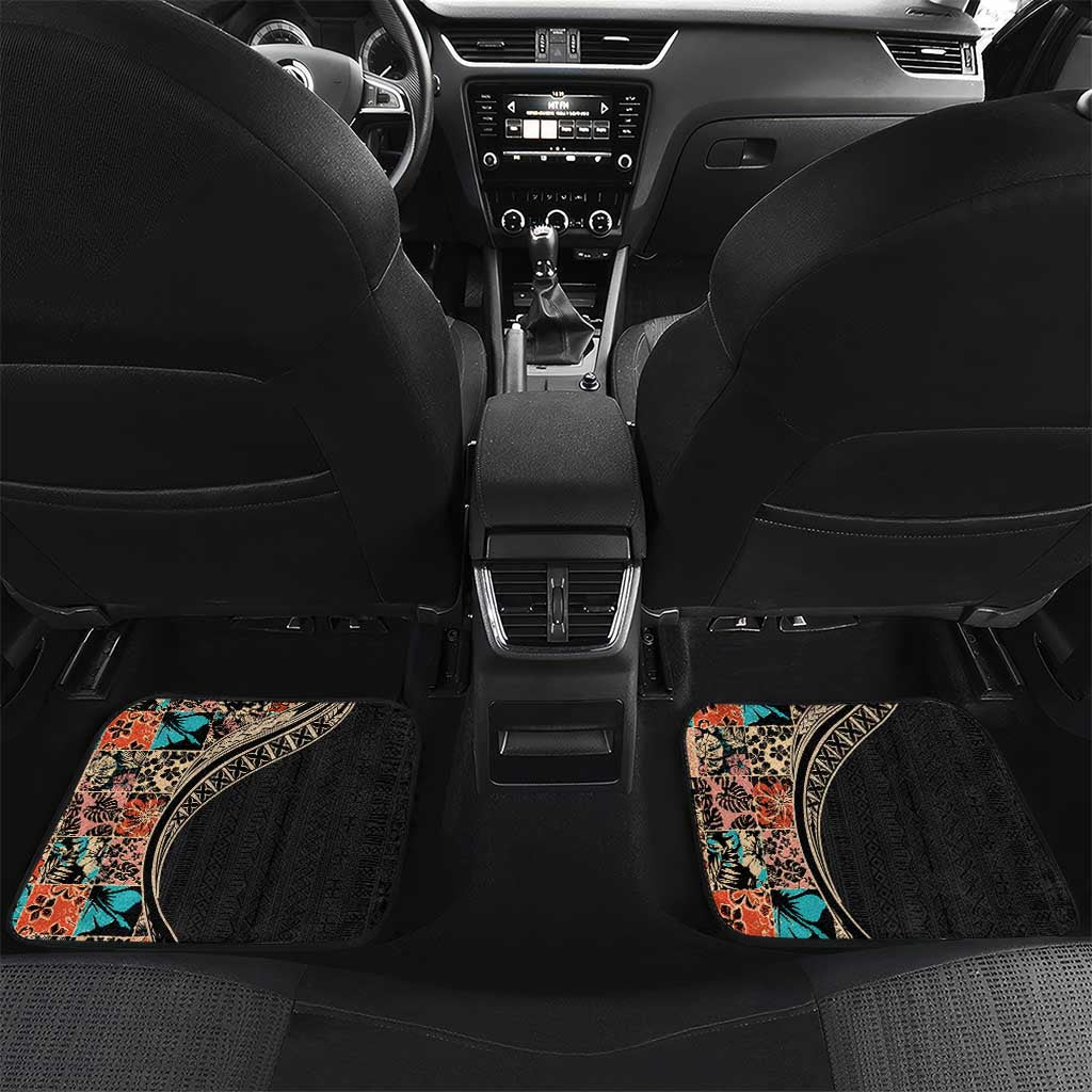 Hawaiian Hibiscus and Tropical Leaves Car Mats Patchwork Grunge Abstract and Tapa Tribal Pattern Half Style LT03 Set 2pcs - Back Black - Polynesian Pride