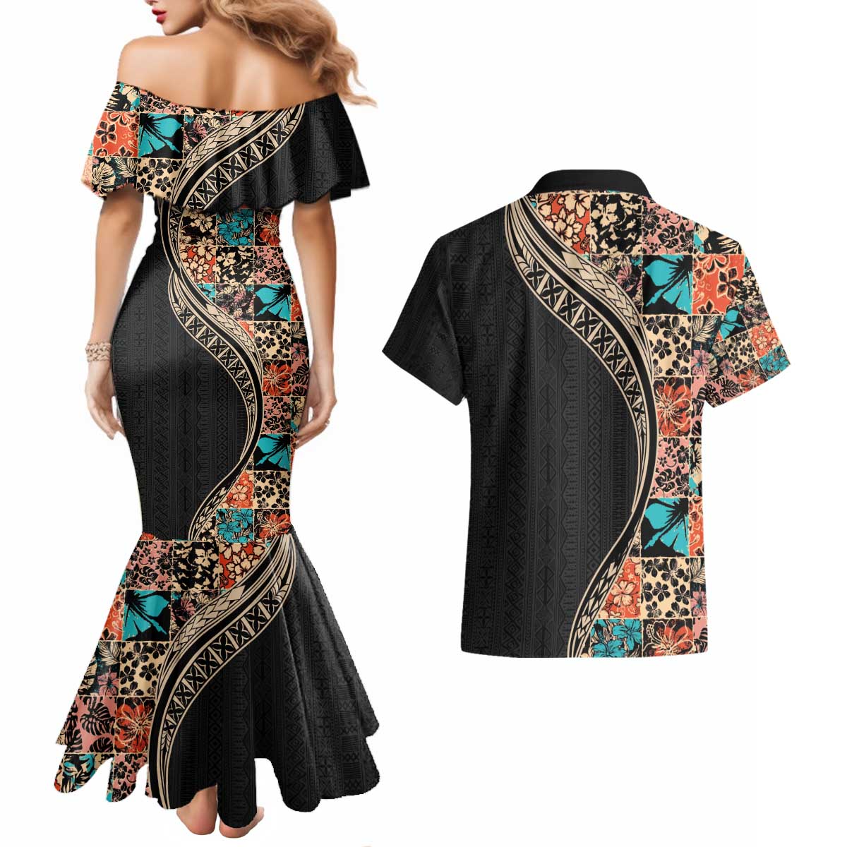Hawaiian Hibiscus and Tropical Leaves Couples Matching Mermaid Dress and Hawaiian Shirt Patchwork Grunge Abstract and Tapa Tribal Pattern Half Style