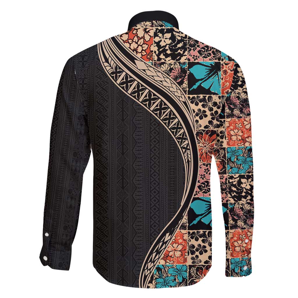 Hawaiian Hibiscus and Tropical Leaves Family Matching Long Sleeve Bodycon Dress and Hawaiian Shirt Patchwork Grunge Abstract and Tapa Tribal Pattern Half Style