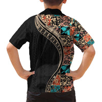 Hawaiian Hibiscus and Tropical Leaves Family Matching Off Shoulder Maxi Dress and Hawaiian Shirt Patchwork Grunge Abstract and Tapa Tribal Pattern Half Style