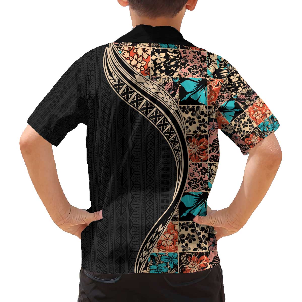 Hawaiian Hibiscus and Tropical Leaves Family Matching Puletasi and Hawaiian Shirt Patchwork Grunge Abstract and Tapa Tribal Pattern Half Style