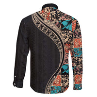 Hawaiian Hibiscus and Tropical Leaves Family Matching Puletasi and Hawaiian Shirt Patchwork Grunge Abstract and Tapa Tribal Pattern Half Style