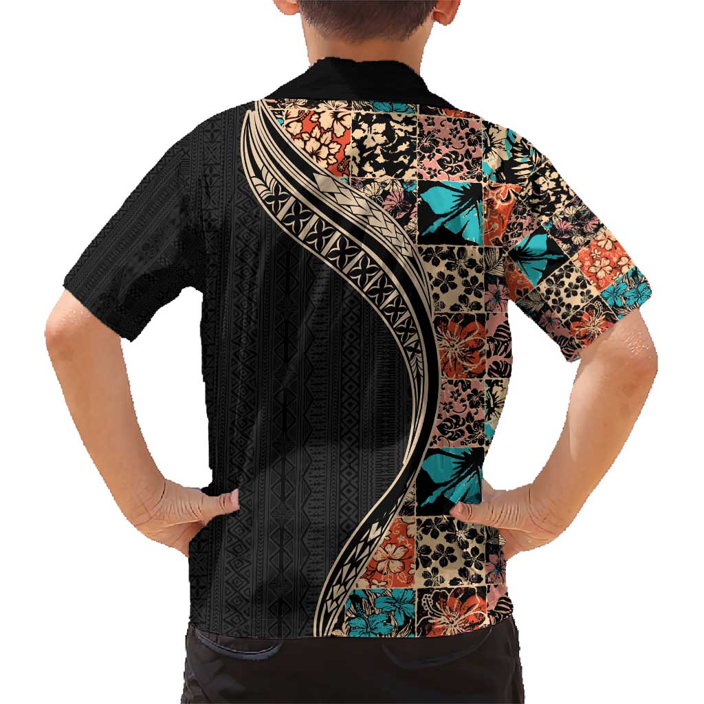 Hawaiian Hibiscus and Tropical Leaves Family Matching Short Sleeve Bodycon Dress and Hawaiian Shirt Patchwork Grunge Abstract and Tapa Tribal Pattern Half Style