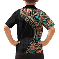 Hawaiian Hibiscus and Tropical Leaves Family Matching Short Sleeve Bodycon Dress and Hawaiian Shirt Patchwork Grunge Abstract and Tapa Tribal Pattern Half Style