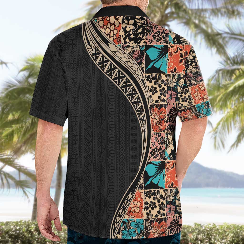 Hawaiian Hibiscus and Tropical Leaves Hawaiian Shirt Patchwork Grunge Abstract and Tapa Tribal Pattern Half Style