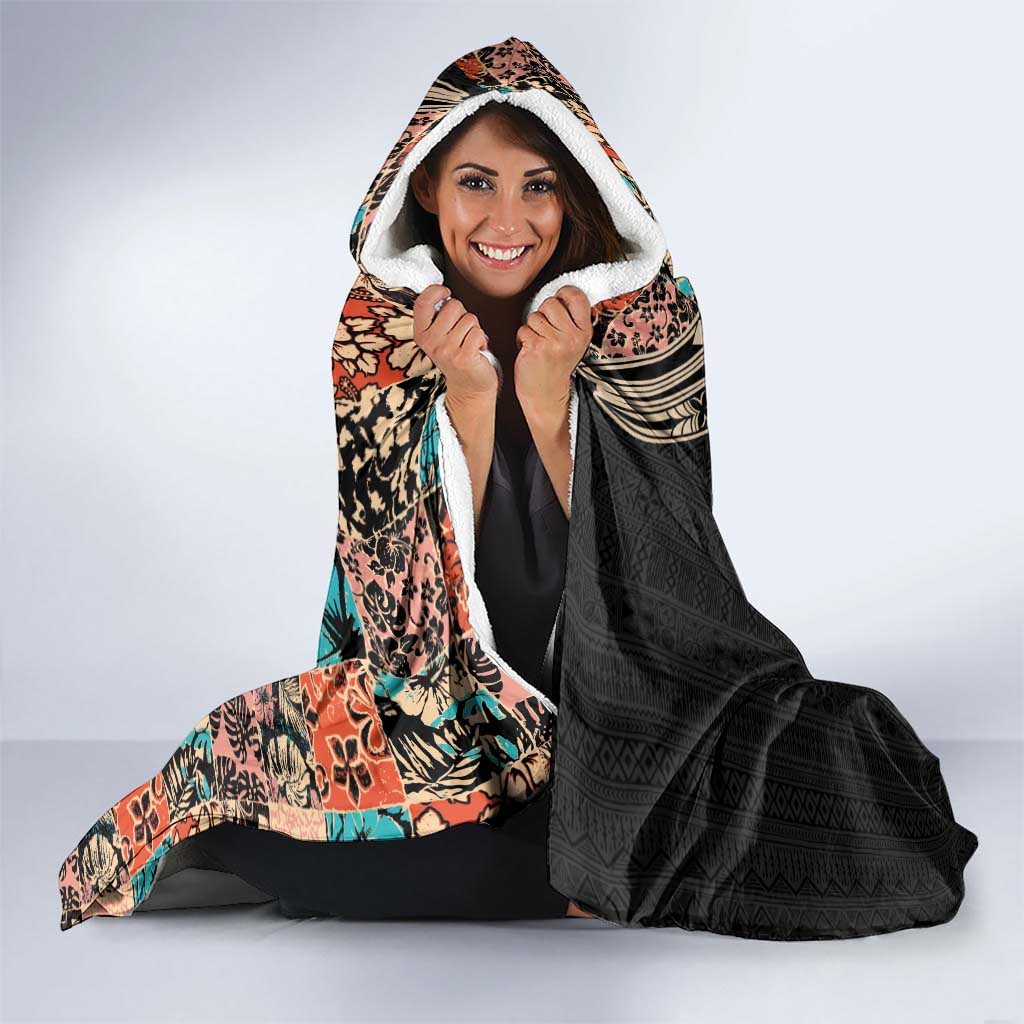 Hawaiian Hibiscus and Tropical Leaves Hooded Blanket Patchwork Grunge Abstract and Tapa Tribal Pattern Half Style LT03 - Polynesian Pride