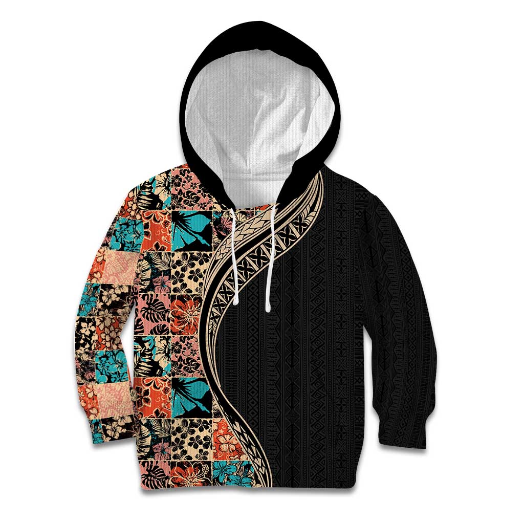 Hawaiian Hibiscus and Tropical Leaves Kid Hoodie Patchwork Grunge Abstract and Tapa Tribal Pattern Half Style LT03 Hoodie Black - Polynesian Pride