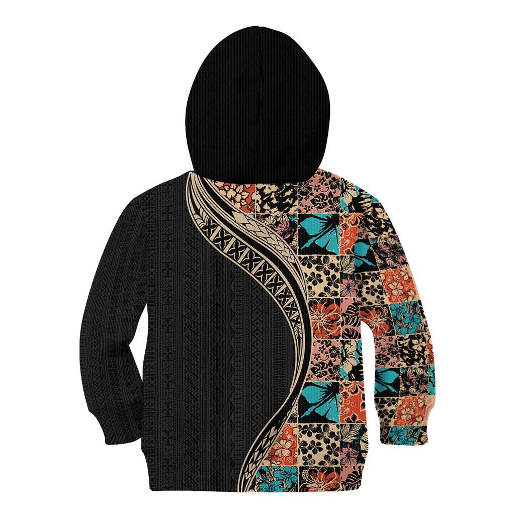 Hawaiian Hibiscus and Tropical Leaves Kid Hoodie Patchwork Grunge Abstract and Tapa Tribal Pattern Half Style LT03 - Polynesian Pride