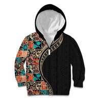 Hawaiian Hibiscus and Tropical Leaves Kid Hoodie Patchwork Grunge Abstract and Tapa Tribal Pattern Half Style LT03 Zip Hoodie Black - Polynesian Pride