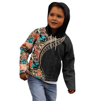 Hawaiian Hibiscus and Tropical Leaves Kid Hoodie Patchwork Grunge Abstract and Tapa Tribal Pattern Half Style LT03 - Polynesian Pride