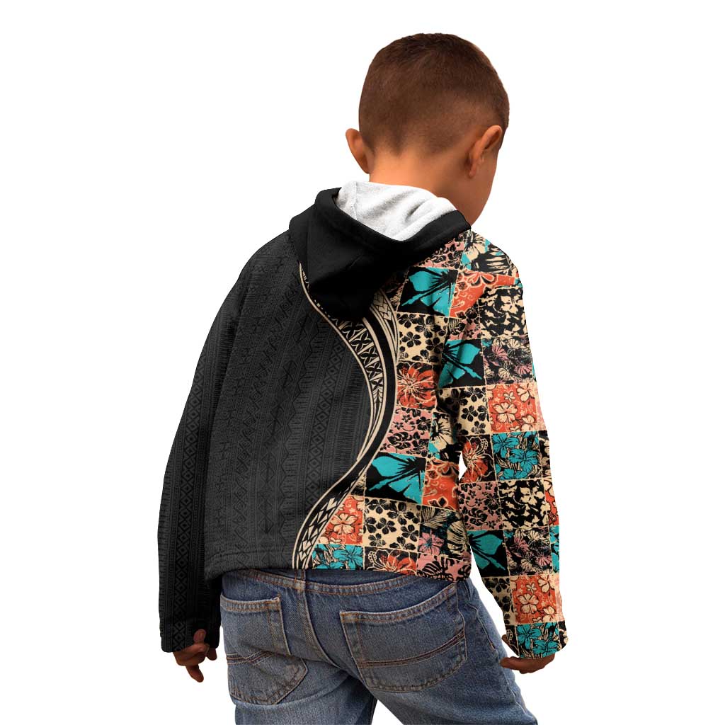 Hawaiian Hibiscus and Tropical Leaves Kid Hoodie Patchwork Grunge Abstract and Tapa Tribal Pattern Half Style LT03 - Polynesian Pride