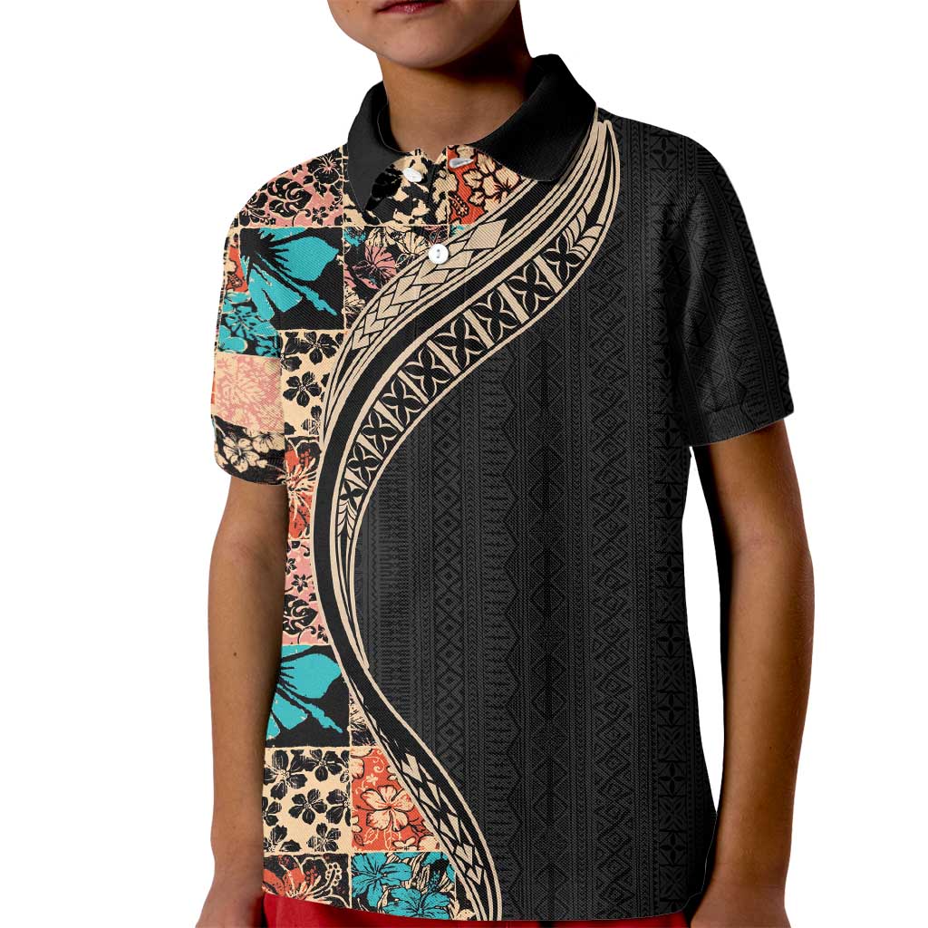 Hawaiian Hibiscus and Tropical Leaves Kid Polo Shirt Patchwork Grunge Abstract and Tapa Tribal Pattern Half Style LT03 Kid Black - Polynesian Pride