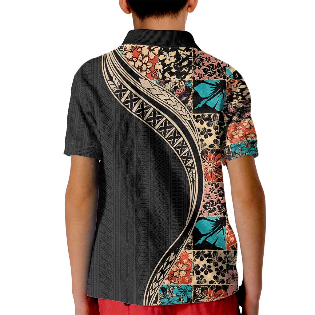 Hawaiian Hibiscus and Tropical Leaves Kid Polo Shirt Patchwork Grunge Abstract and Tapa Tribal Pattern Half Style LT03 - Polynesian Pride