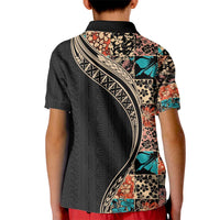 Hawaiian Hibiscus and Tropical Leaves Kid Polo Shirt Patchwork Grunge Abstract and Tapa Tribal Pattern Half Style LT03 - Polynesian Pride