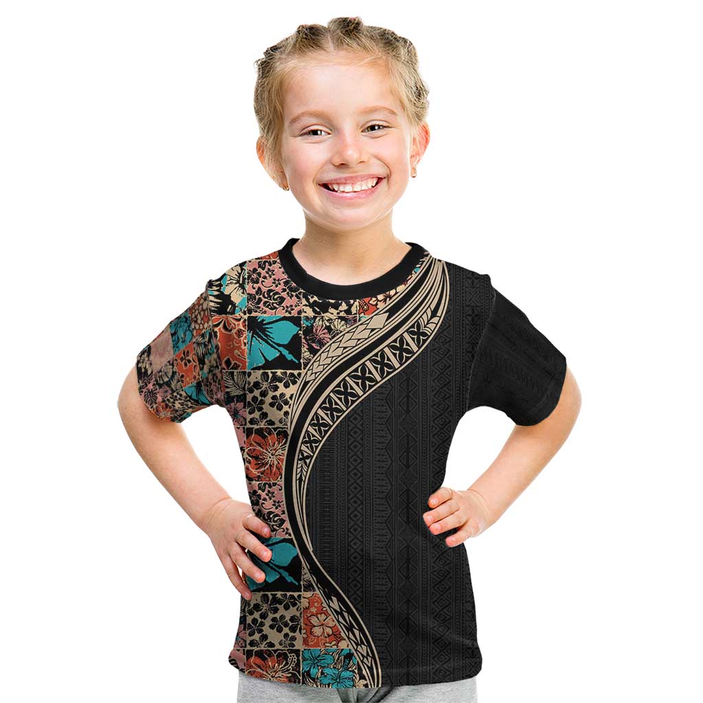 Hawaiian Hibiscus and Tropical Leaves Kid T Shirt Patchwork Grunge Abstract and Tapa Tribal Pattern Half Style LT03 Black - Polynesian Pride