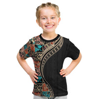 Hawaiian Hibiscus and Tropical Leaves Kid T Shirt Patchwork Grunge Abstract and Tapa Tribal Pattern Half Style LT03 Black - Polynesian Pride