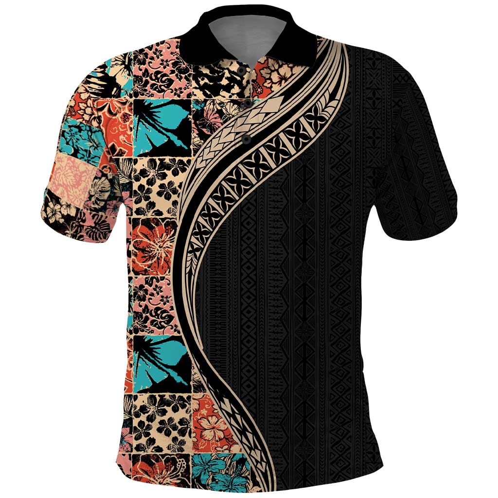 Hawaiian Hibiscus and Tropical Leaves Polo Shirt Patchwork Grunge Abstract and Tapa Tribal Pattern Half Style LT03 Black - Polynesian Pride