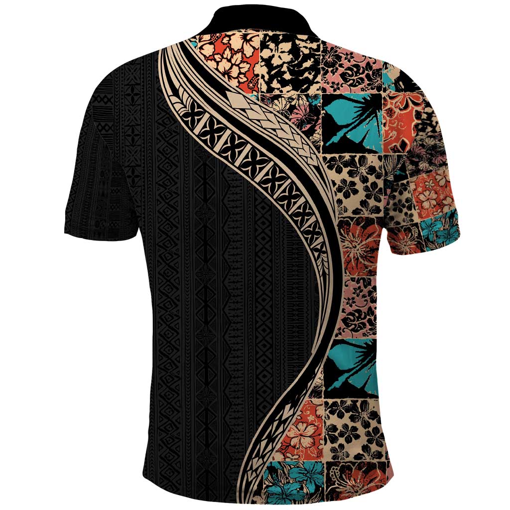 Hawaiian Hibiscus and Tropical Leaves Polo Shirt Patchwork Grunge Abstract and Tapa Tribal Pattern Half Style LT03 - Polynesian Pride