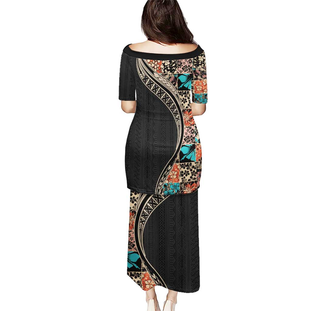 Hawaiian Hibiscus and Tropical Leaves Puletasi Patchwork Grunge Abstract and Tapa Tribal Pattern Half Style