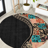 Hawaiian Hibiscus and Tropical Leaves Round Carpet Patchwork Grunge Abstract and Tapa Tribal Pattern Half Style LT03 Black - Polynesian Pride